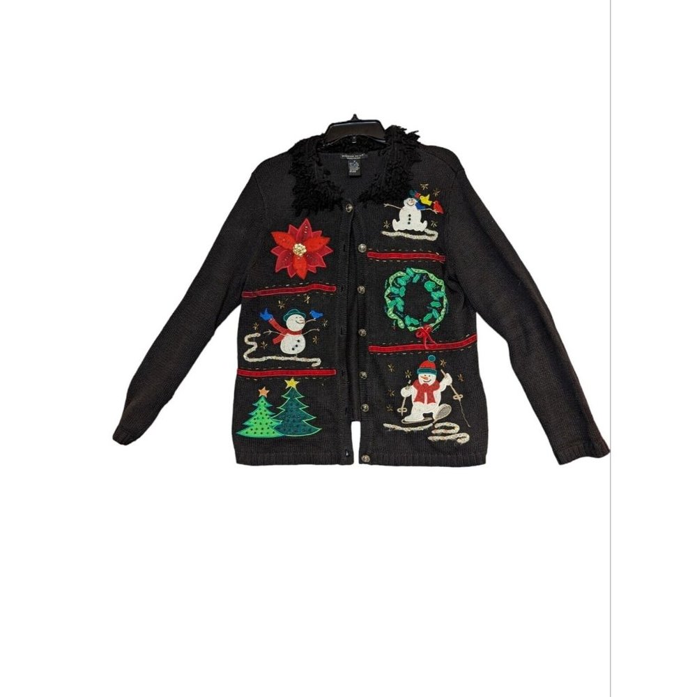 Reference Point Christmas sweater womens medium black knit ramie cotton